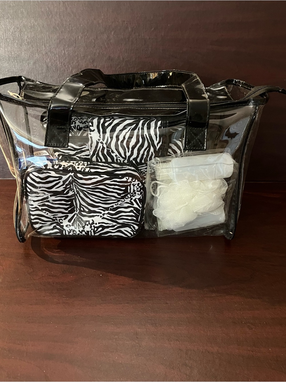 Modella Clear Travel Tote with Black Trim and Zebra Print Pouches